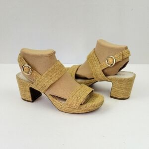 Anne Klein Padrino Woven Raffia Block Heel Open Toe Sandals Tan  Size 8.5